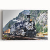 Black and white photo of a vintage train on stretched canvas, suitable for kitchen wall art.