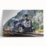 Black and white photo of a vintage train on stretched canvas, suitable as large kitchen wall art or for a bedroom.