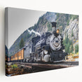Side view of a vintage train in muted earth tones on a stretched canvas, suitable for kitchen wall art.