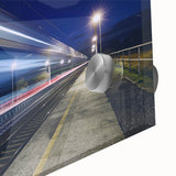 Mid-century modernist train art in muted gray and blue tones on large acrylic glass, suitable for dining room decor.