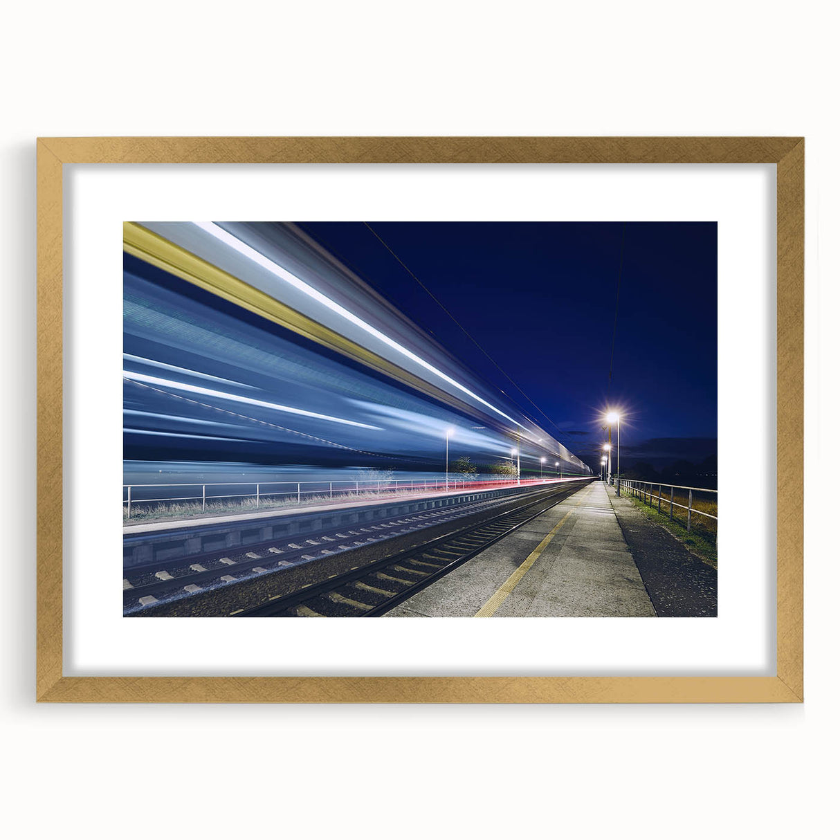 Extra large abstract art print of a train, featuring textured gold and black tones on a framed canvas.
