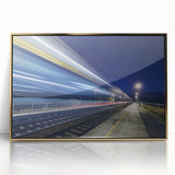Mid-century modernist train illustration in muted gold and black tones on framed acrylic, suitable for nursery wall art.