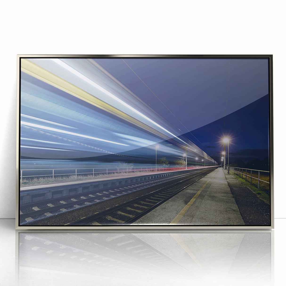 Mid-century modernist art featuring a silver train on acrylic, framed, ideal for nursery wall decor.