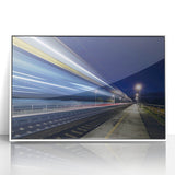 Art deco train poster in muted blues and grays, acrylic print framed in white, suitable for nursery wall art.