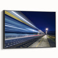 Black and white framed canvas of a vintage train in motion, ideal for bedroom wall art.