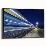 Black and white framed canvas of a vintage train in motion, ideal for bedroom wall art.