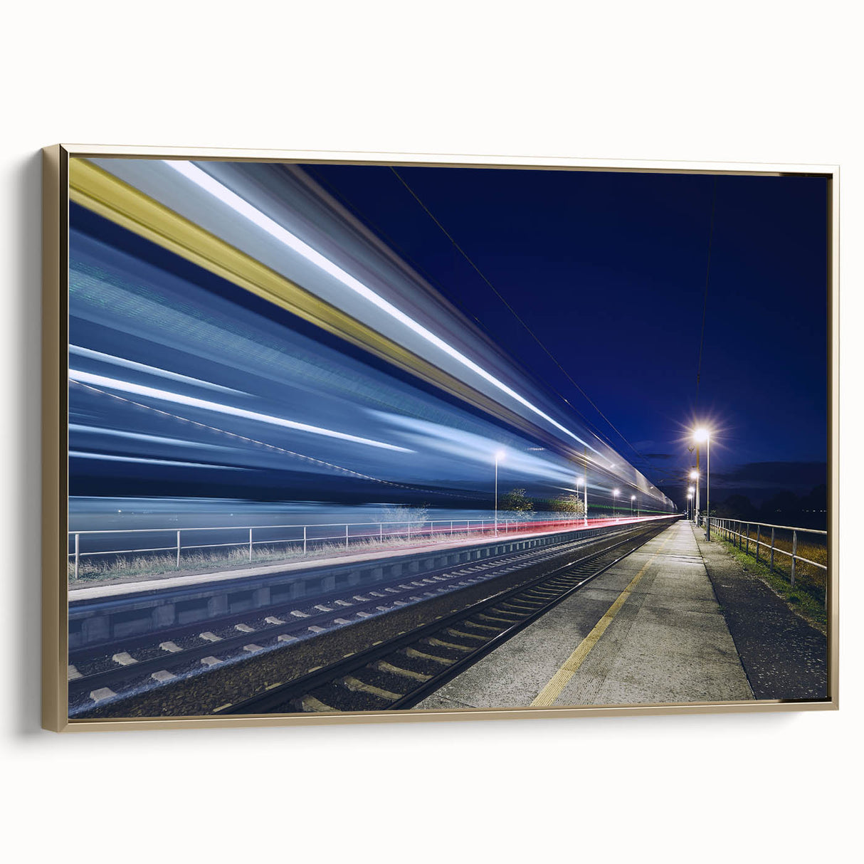 Vintage poster art of a black train on a landscape, printed on framed canvas, suitable for bedroom wall decor.
