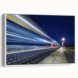 Framed canvas vintage poster art of a colorful train, ideal for extra large wall art in a living room.