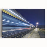 Black and white photograph of a vintage train on stretched canvas, ideal for kitchen wall art or bedroom decor.