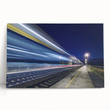 Black and white image of a vintage train on stretched canvas, ideal for kitchen wall art.