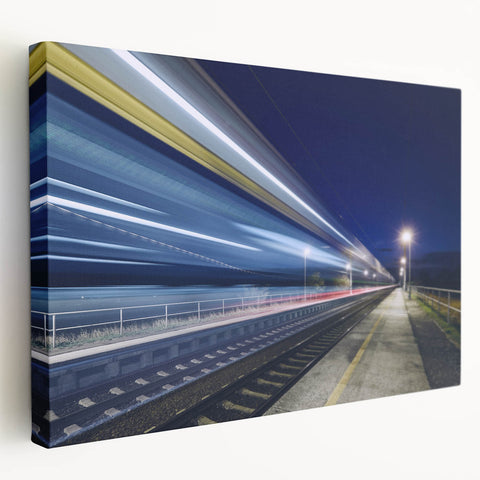 Side view of a vintage train depicted in muted earth tones on a large stretched canvas, ideal for kitchen wall art.