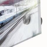 Mid-century modernist train print in vibrant greens and blues on acrylic, ideal for dining room art.