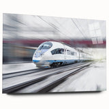 Side view of a large abstract train print on acrylic glass, featuring cool blue and gray tones.
