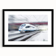 Extra large abstract art print of colorful, textured trains on canvas, framed in black, ideal for living room decor.