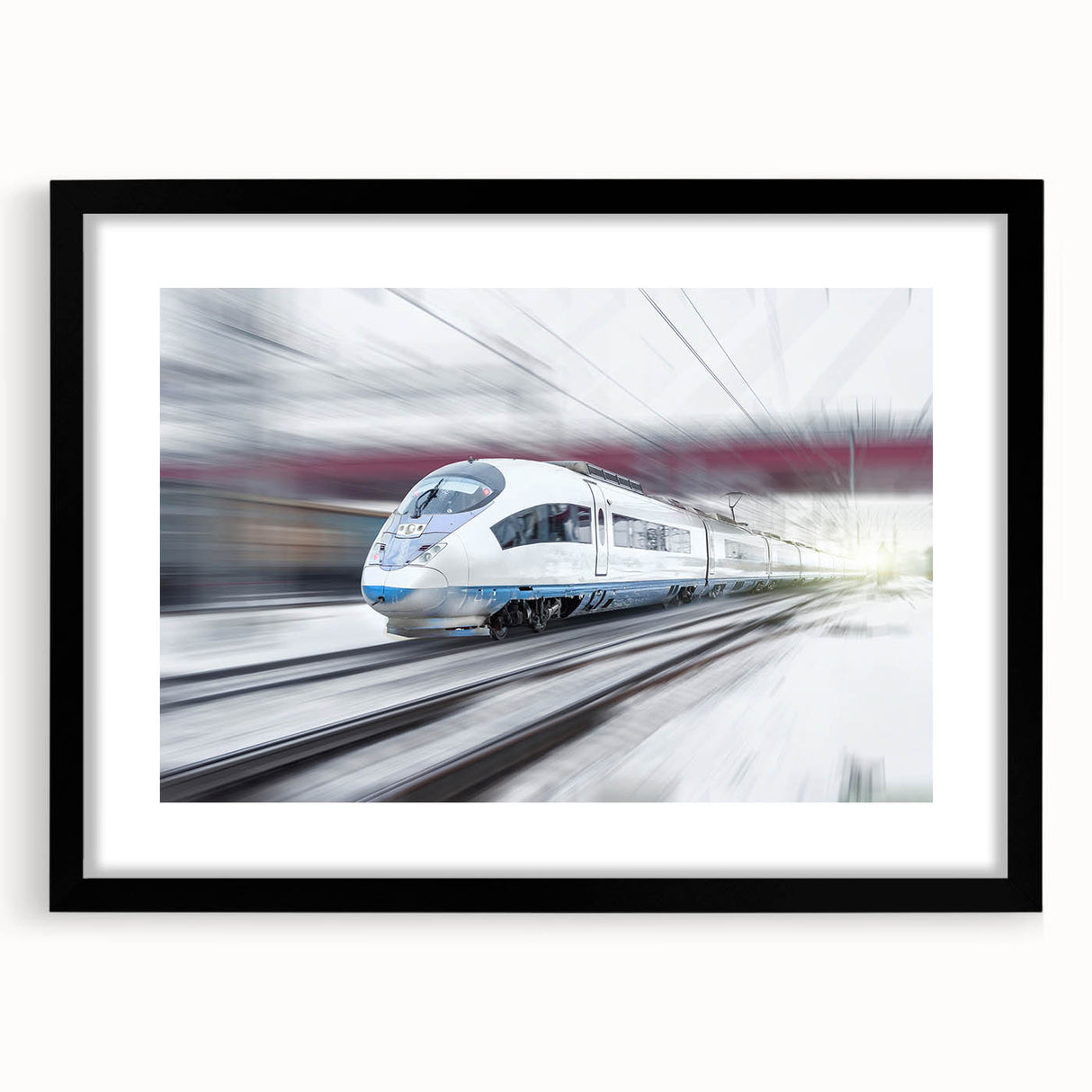 Extra large abstract art print of colorful, textured trains on canvas, framed in black, ideal for living room decor.