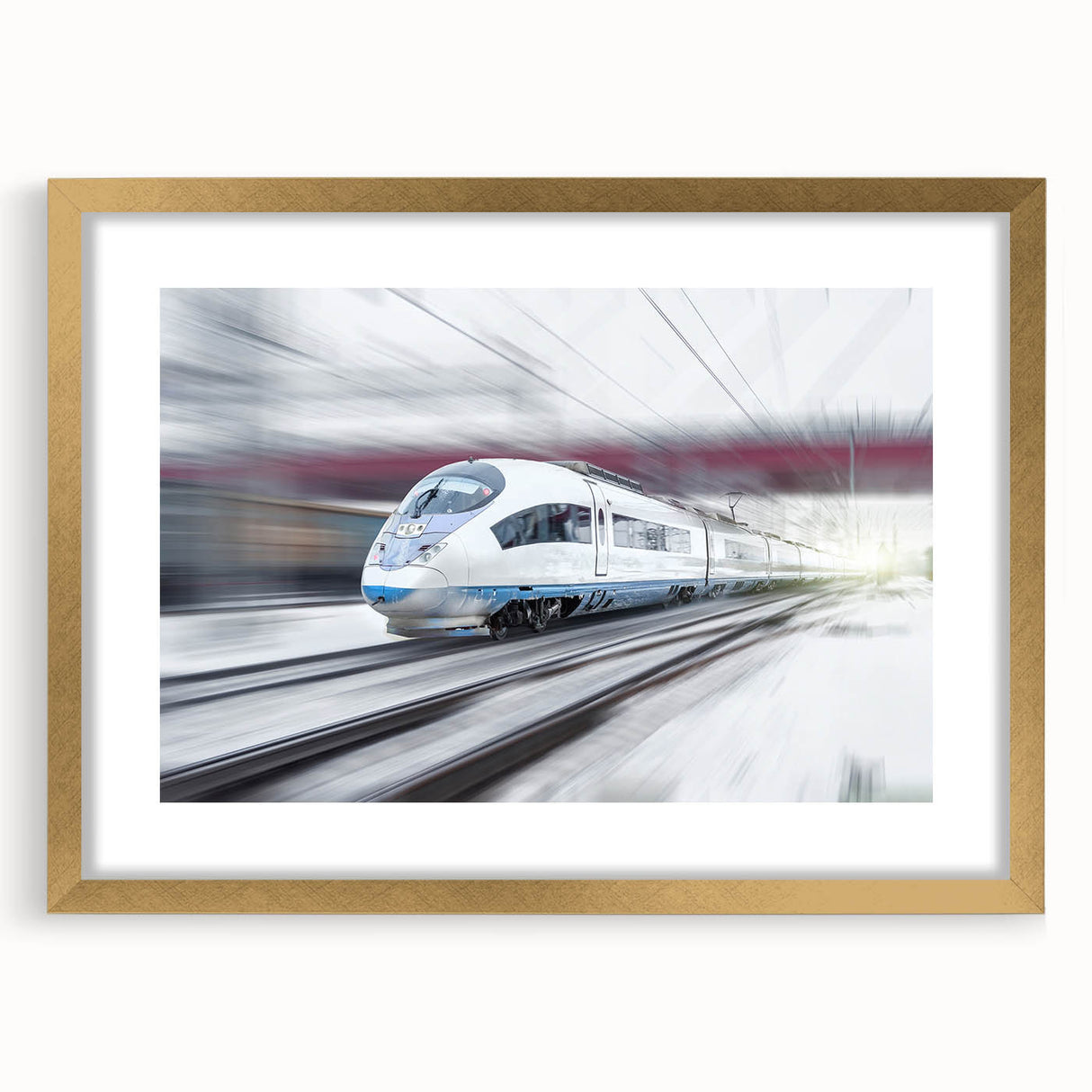 Extra large abstract art print of a stylized train in gold and black tones, framed, ideal for living room decor.