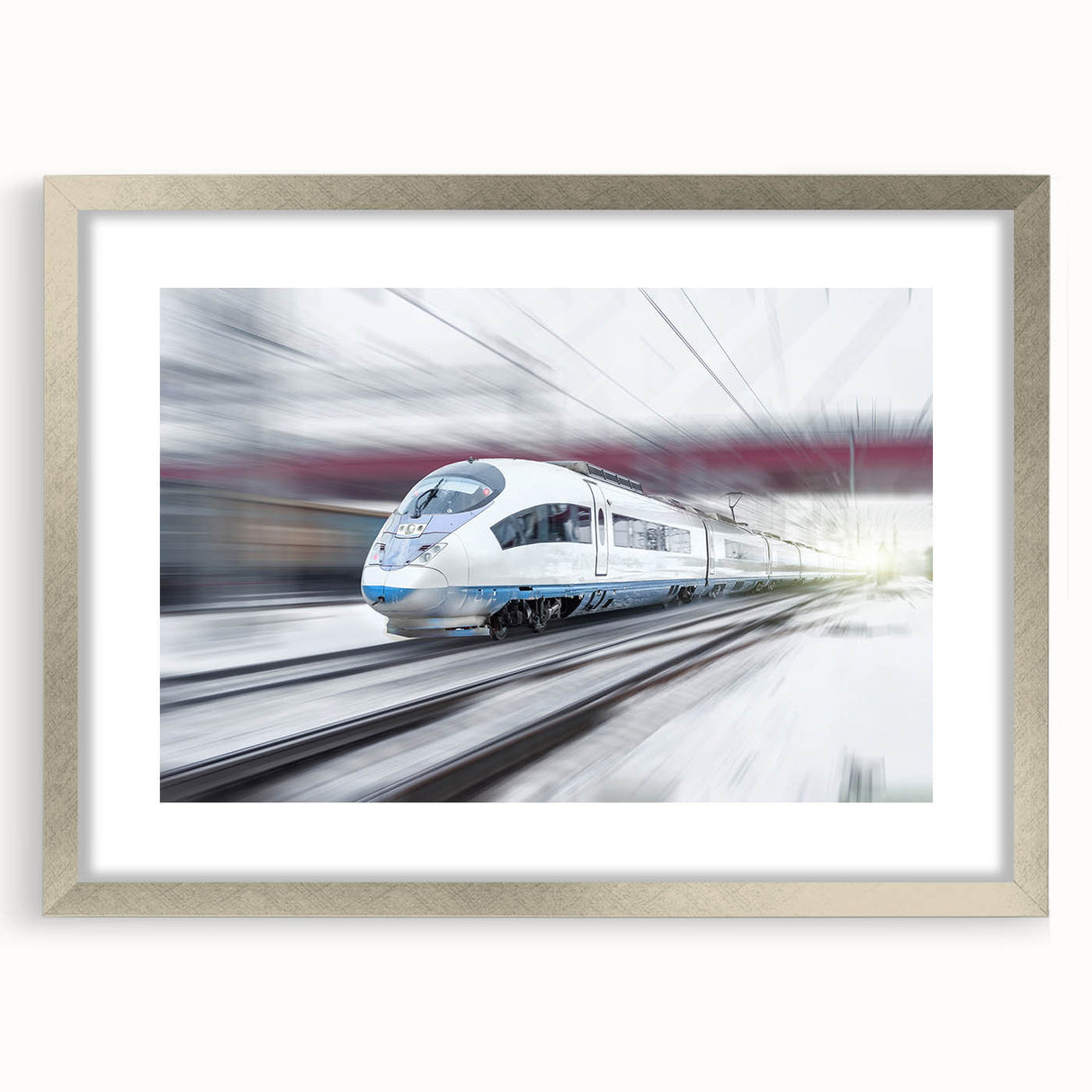 Abstract train motif textured art print in silver frame, featuring soft gray and blue tones, ideal for modern bedroom decor.