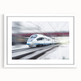 Abstract art print of a stylized train in muted gray and blue tones, framed in white.
