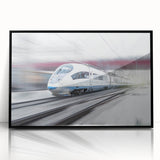 Large abstract wall art depicting a stylized train in black and white tones on a framed acrylic.