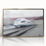 Mid-century modernist train illustration in muted earth tones on a framed acrylic, ideal for modern art wall decor.