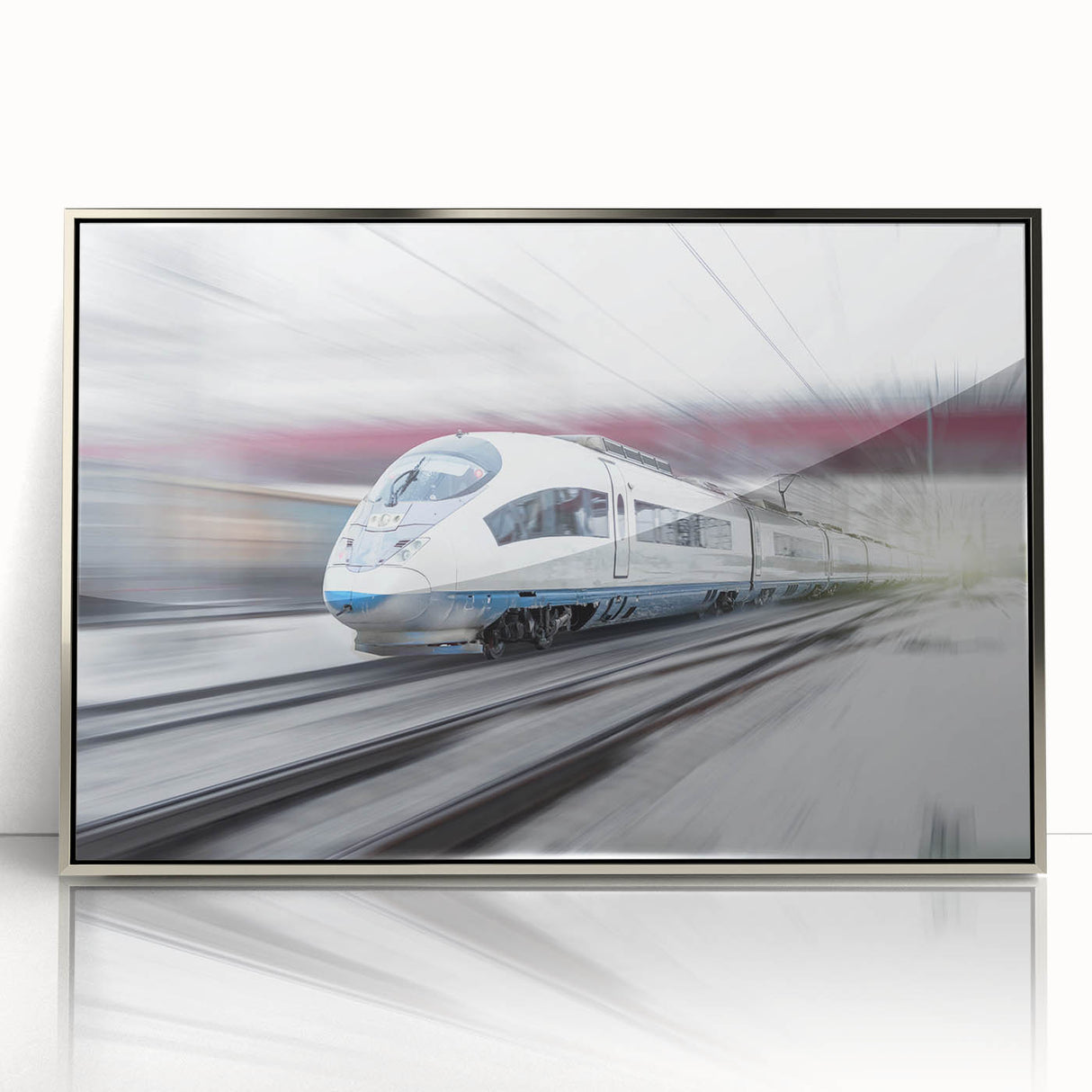 Mid-century modernist art featuring a train in muted earth tones on a silver-framed acrylic, suitable for nursery wall art.