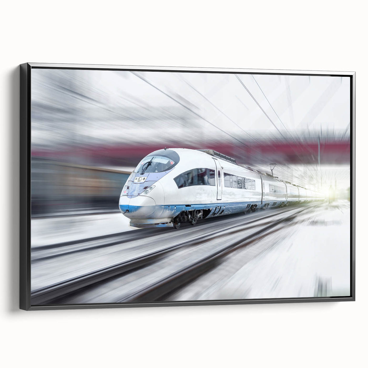 Black and white vintage train poster on framed canvas, ideal for bedroom wall art with a monochrome landscape theme.