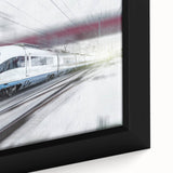 Framed canvas featuring a textured black locomotive on a vibrant, colorful background.