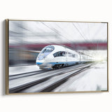 Framed canvas featuring a vintage black train on a landscape background, suitable as wall art for a bedroom.