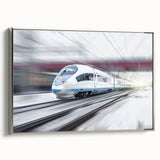 Vintage poster art of a colorful train in motion on a black background, framed canvas, ideal for office decor.