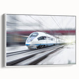 Vintage poster art of a train in black, red, and yellow on a framed canvas, ideal for extra large living room wall decor.