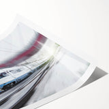 Extra large wall art featuring a train in line art style, rendered in black on a white rolled canvas.