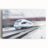 Black and white photo of a vintage train on stretched canvas, ideal for kitchen wall art.