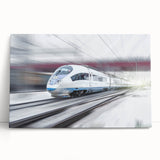 Black and white photograph of a vintage train on stretched canvas, suitable for kitchen wall art.