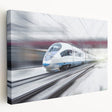 Side view of a large train illustrated in vibrant green and red on stretched canvas, suitable for kitchen wall art.