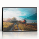 Framed acrylic print of a large abstract depiction of a train, using bold black and white tones.