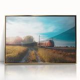 Mid-century modernist train illustration in gold and black hues, framed acrylic, ideal for nursery wall decor.