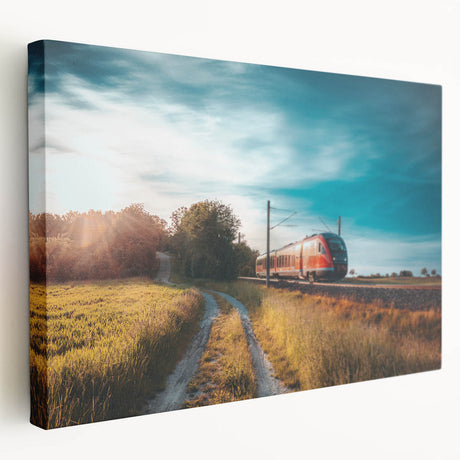 Side view of a vintage train in muted earth tones on a large stretched canvas, ideal for kitchen wall art.