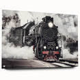 Side view of a train in motion depicted in vivid blue and gray tones on acrylic glass.