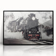 Large abstract wall art of a train in muted gray and blue tones, acrylic print in a black frame.