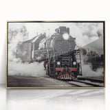 Mid-century modernist train illustration in muted earth tones on framed acrylic, suitable for nursery wall art.