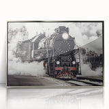 Mid-century modernist train illustration in silver frame, pastel blue and gray shades, perfect for nursery wall art.