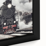 Extra large framed canvas featuring a textured, colorful train illustration on a black background.