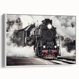 Vintage poster art of a colorful train on a black background, framed canvas, ideal for living room decor.