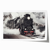 Vintage train illustration in muted earth tones on rolled canvas, suitable for art wall dining room.