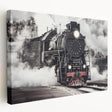 Side view of a vintage train on stretched canvas with muted earth tones, ideal for kitchen wall art.