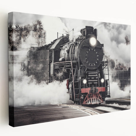 Side view of a vintage train on stretched canvas with muted earth tones, ideal for kitchen wall art.