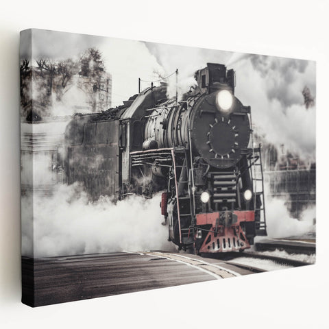 Side view of a vintage train on stretched canvas with muted earth tones, ideal for kitchen wall art.