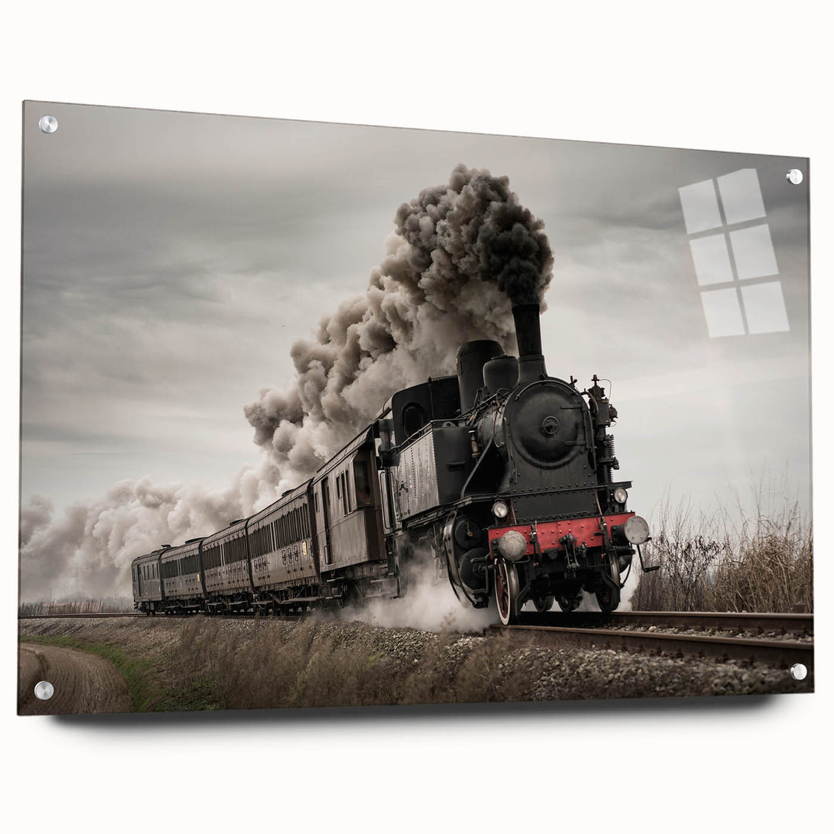 Side view of a train depicted in large abstract wall art on acrylic glass, featuring cool gray and metallic tones.