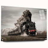 Side view of a train depicted in large abstract wall art on acrylic glass, featuring cool gray and metallic tones.