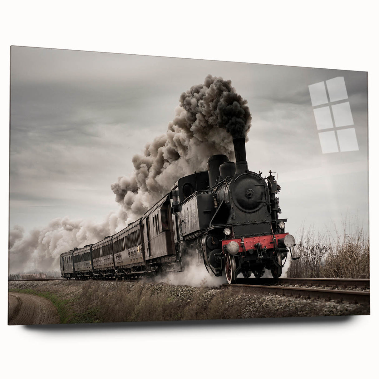 Side view of a large abstract train design on acrylic glass, with a blend of gray and metallic colors.